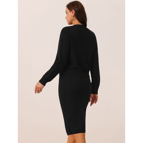 Two Piece Winter Button Down Cardigan Midi Skirts Casual Lounge Set Black - Picture 4 of 5